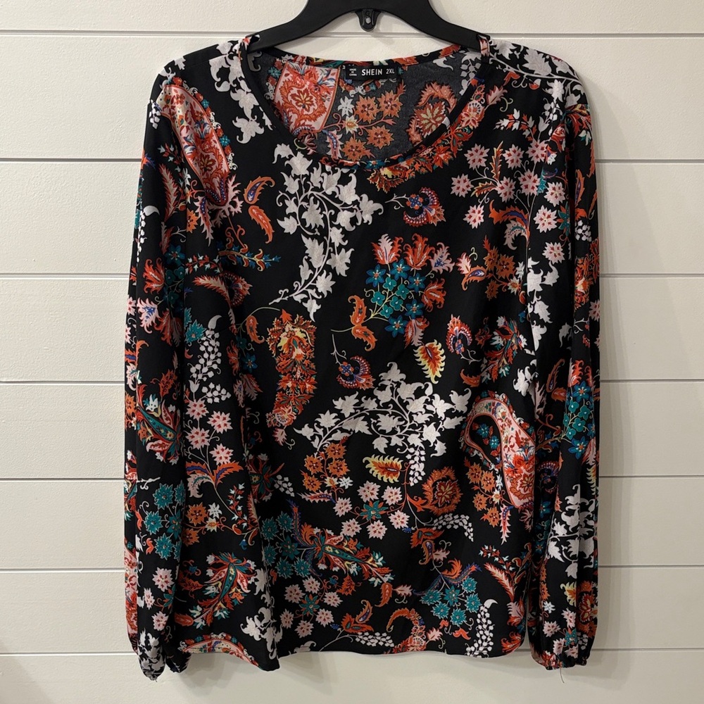 SHEIN Women's Paisley Floral Long Sleeve Top - Black and Multicolor